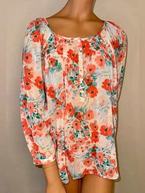 LC Lauren Conrad Sheer Floral Peasant Blouse Boho Cottagecore L